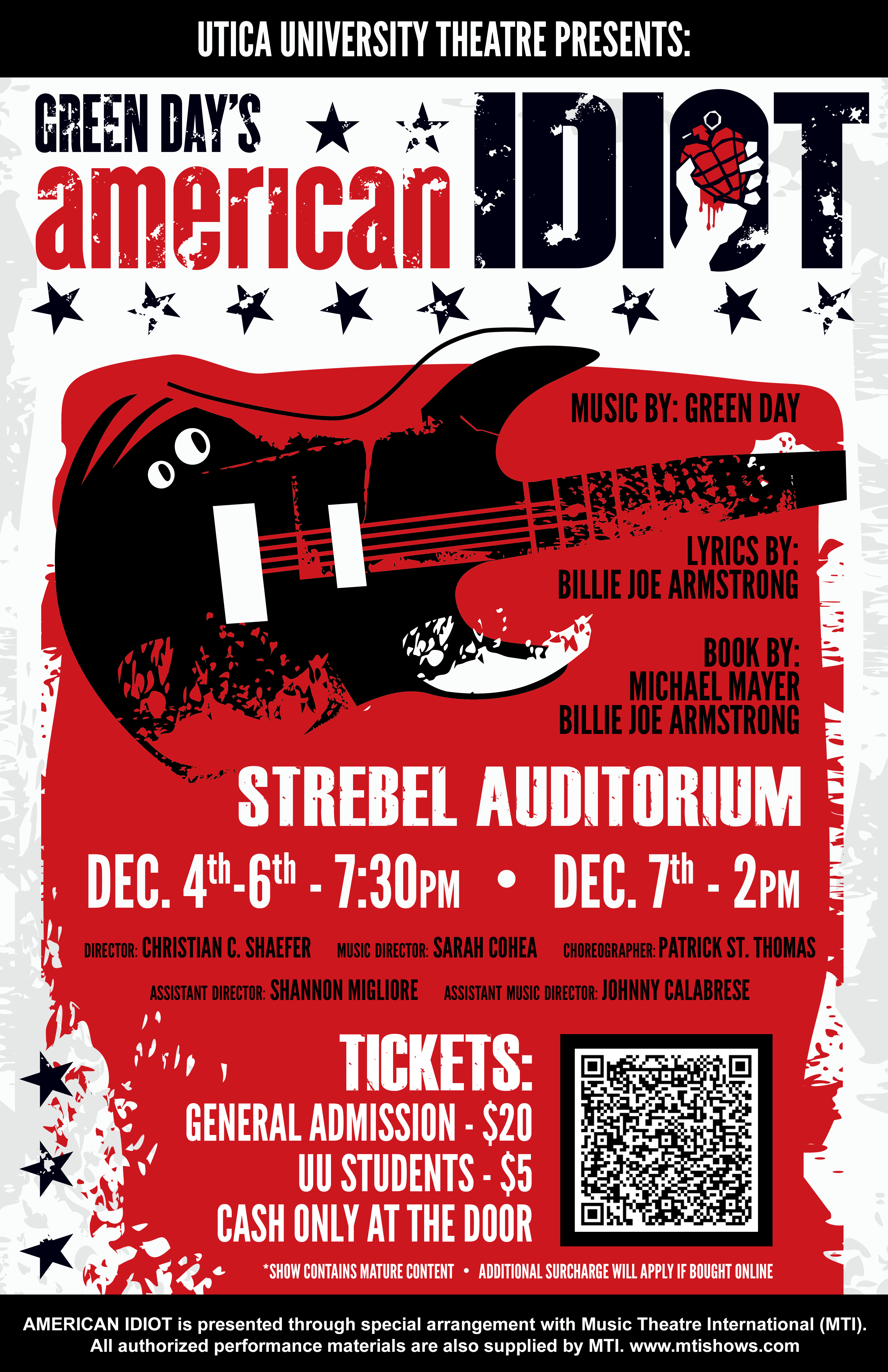 Black, white, and red poster for Green Day's American Idiot at Utica University.