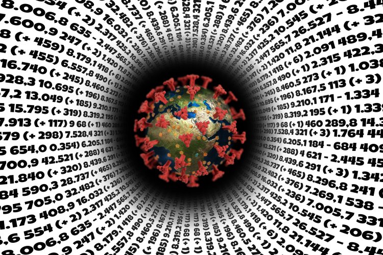 COVID spike protein surrounded by data and numbers.