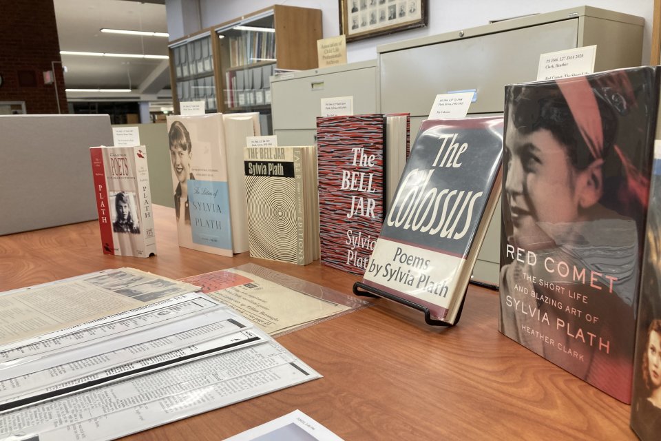 Books on display as part of the Sylvia Plath Collection in the Gannett Library.
