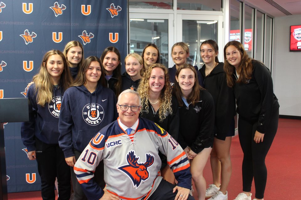 Women's Hockey and President Pfannestiel at Hockey Skills Competition Announcement 091423